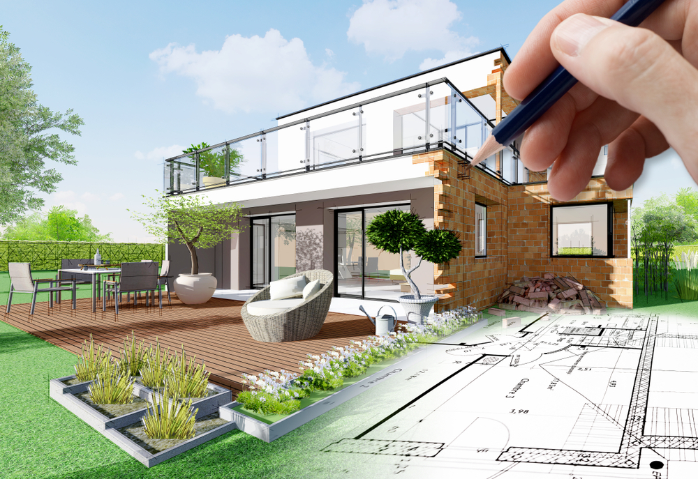 Načrtovanje konstrukcije moderne hiše s prostornim vrtom in okolico.