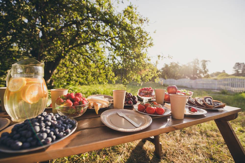 Pogled na obloženo mizo polno svežega sadja in domačih jedi: grozdja, češenj, sirov, jagod in potice.
