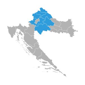 Zemljevid Hrvaške z obarvanim osrednjim delom Hrvaške.